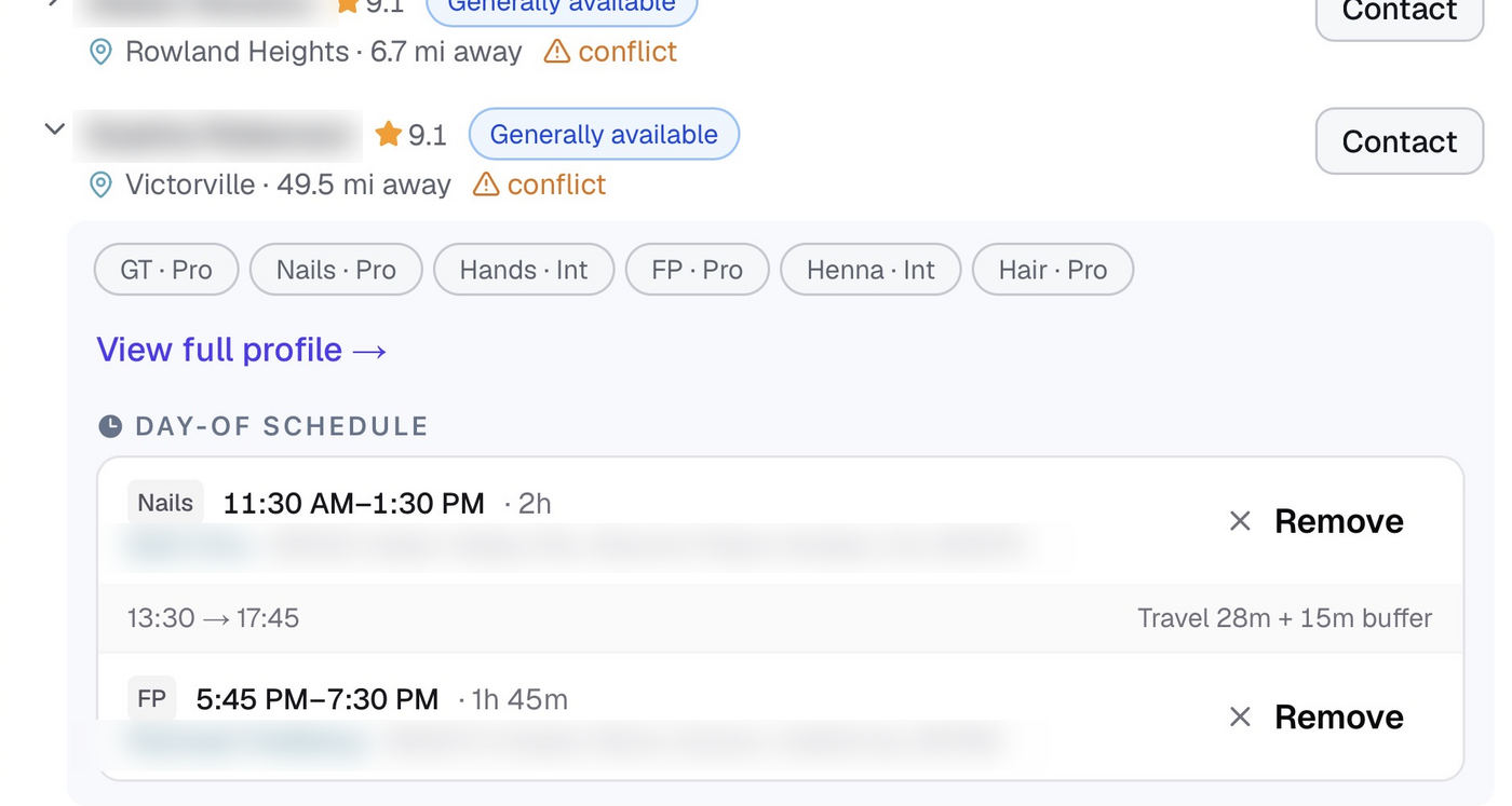 Conflict radar flagging scheduling conflicts, with each candidate's distance and the travel time and buffer between back-to-back jobs