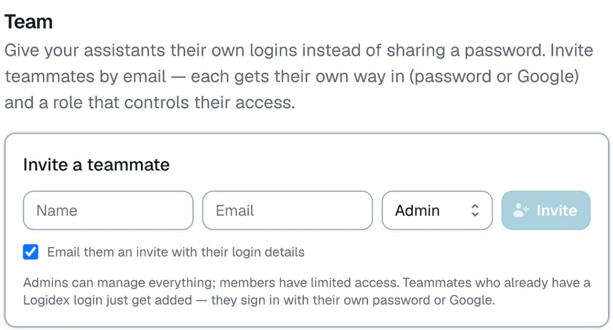 Settings, the team section with the invite box