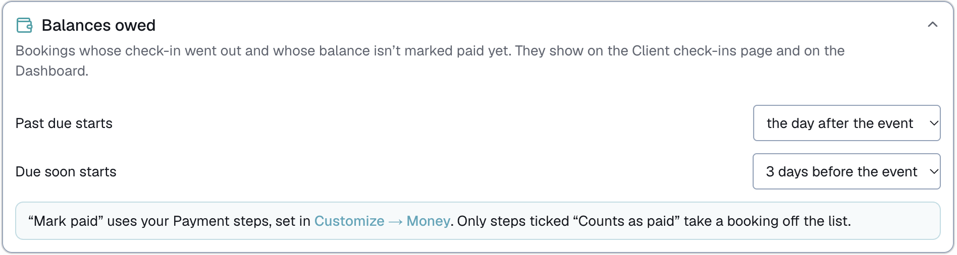 Customize → Check-ins, the Balances owed card