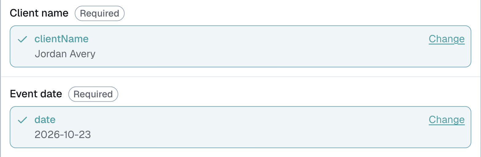 Settings, Booking intake, a core field with Change and one waiting to be chosen