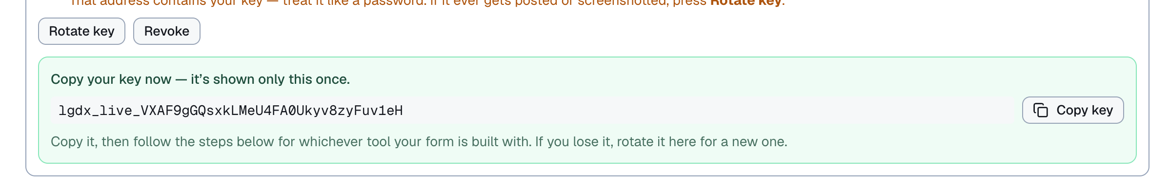 Settings, Booking intake, the key shown once