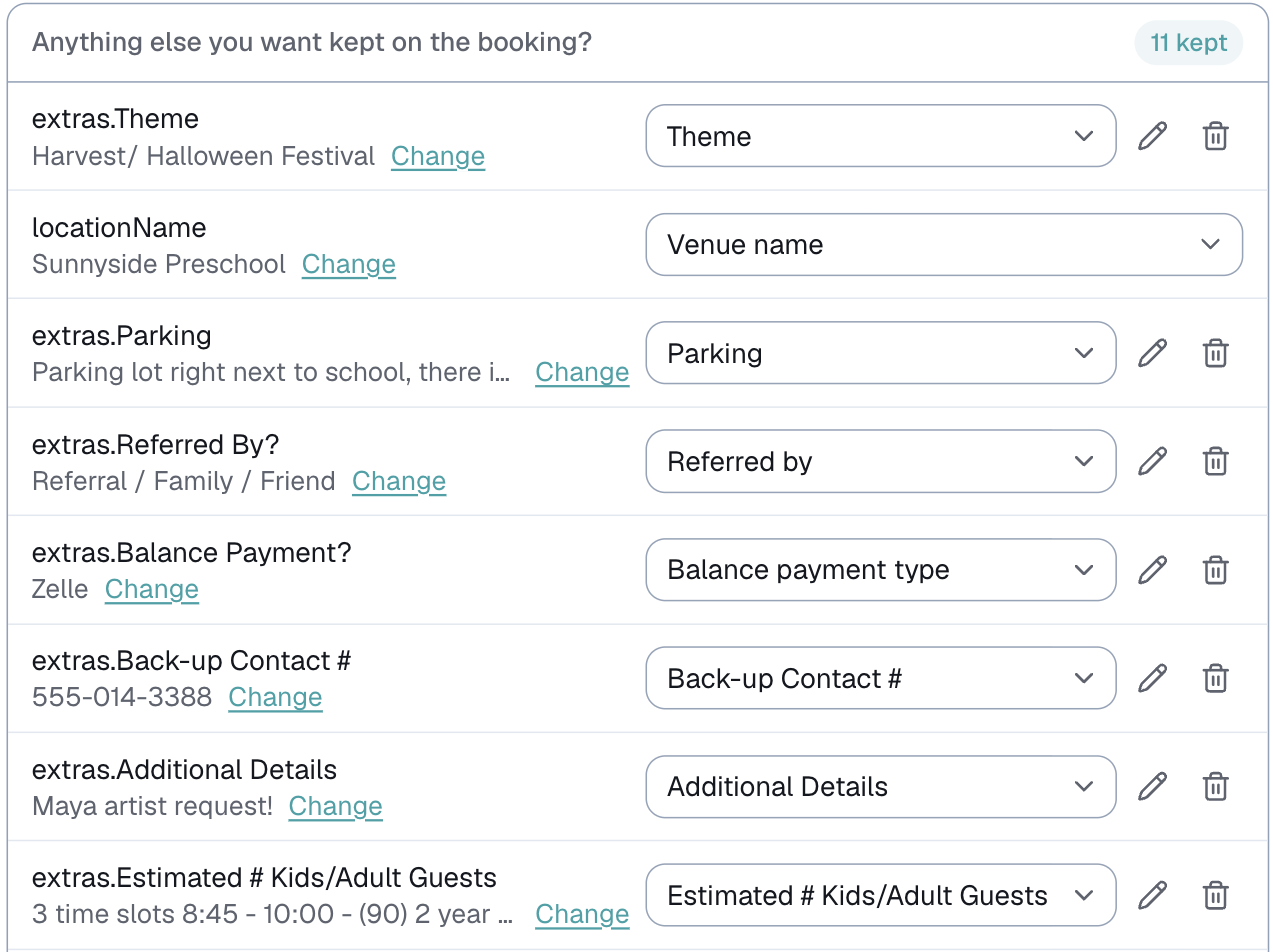 Settings → Booking intake, the mapping table