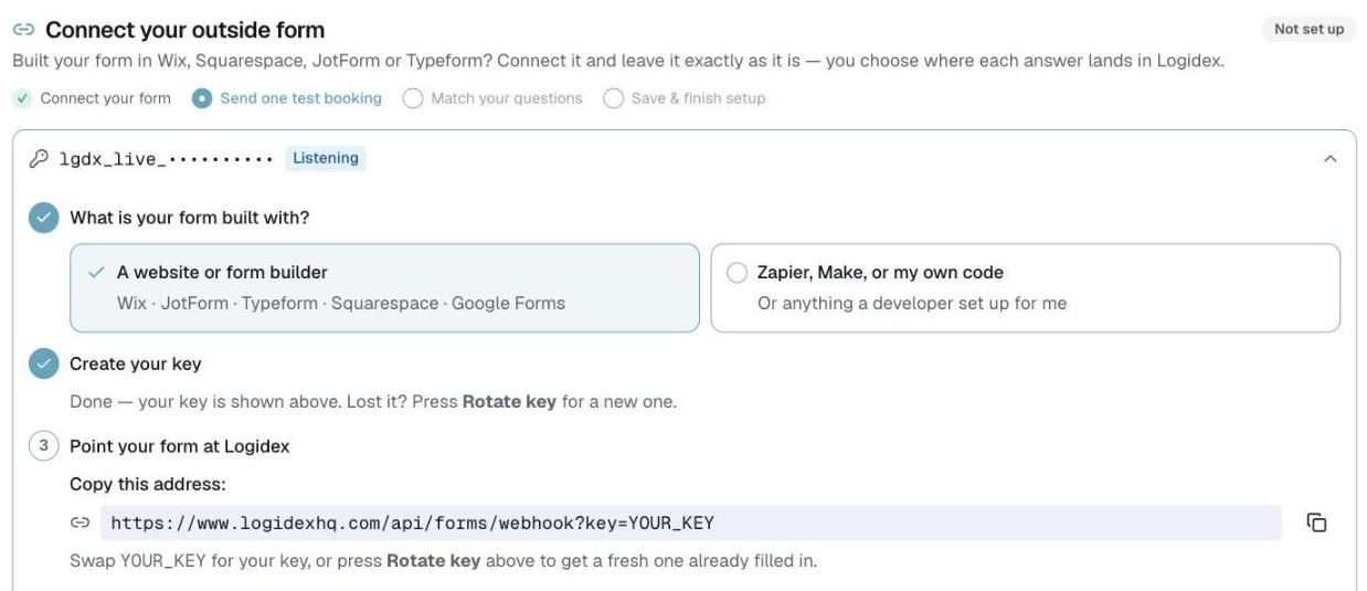 Settings, the Booking intake page