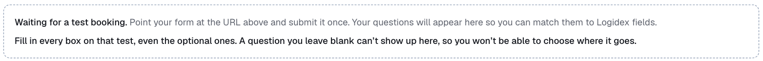 Settings, Booking intake, a connection waiting for a test booking
