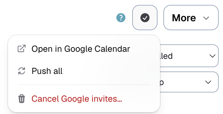 the calendar button menu on a canceled booking, with Cancel Google invites