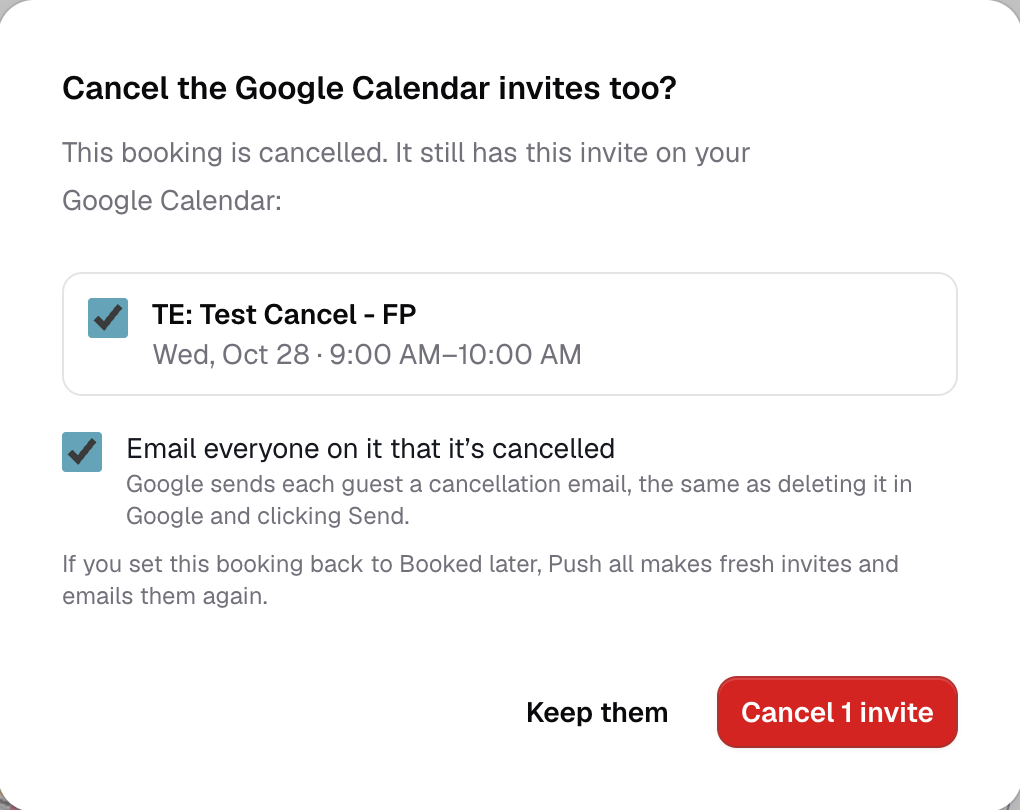 the Cancel the Google Calendar invites too? popup