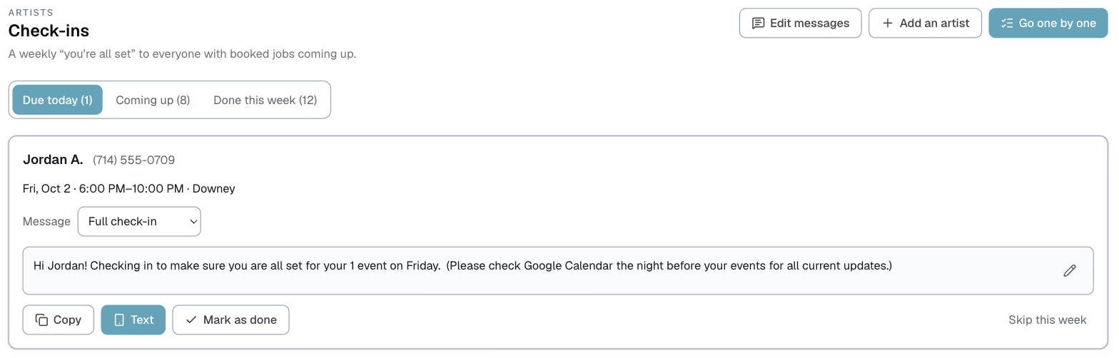 the Staff check-ins page with one person due today