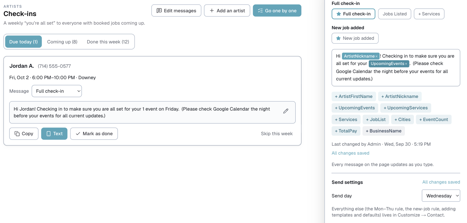 the Edit messages panel open beside the Staff check-ins page