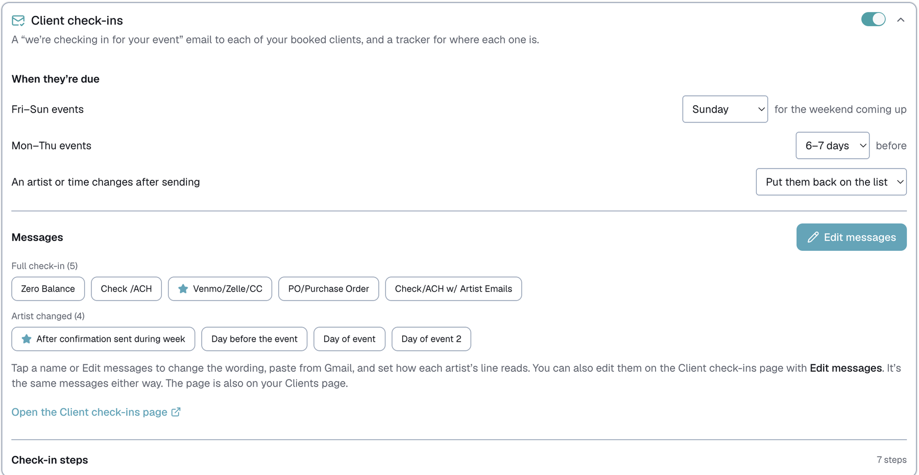 Customize → Check-ins, the Client check-ins card