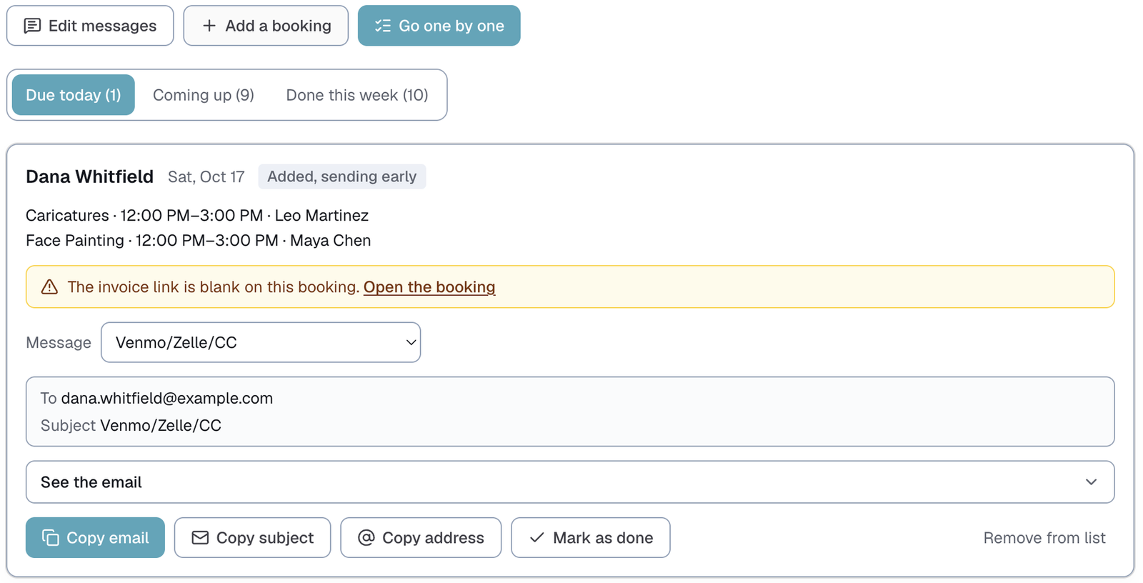 the Client check-ins page with one booking due today