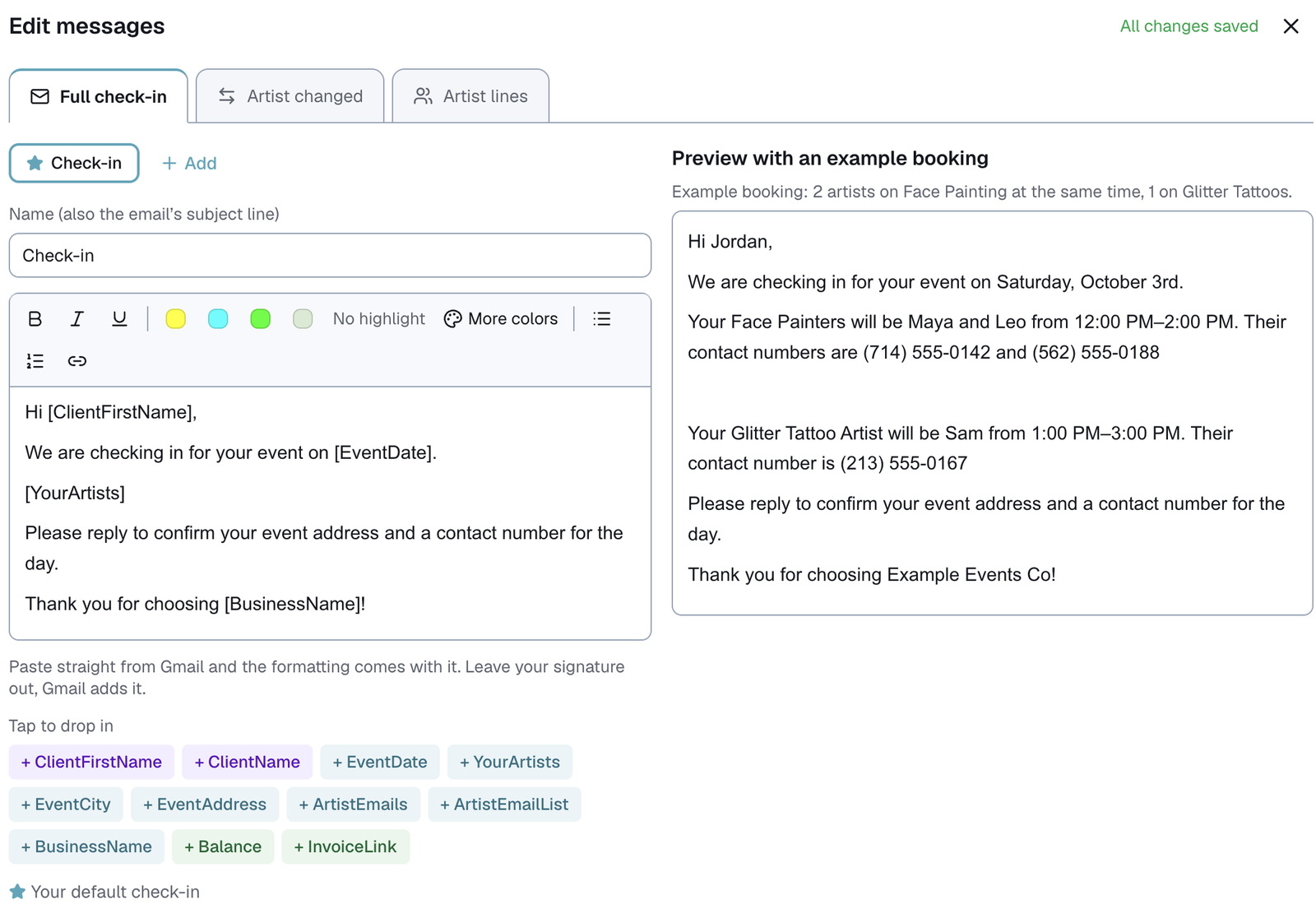 the Edit messages panel, with the editor on the left and a preview on the right