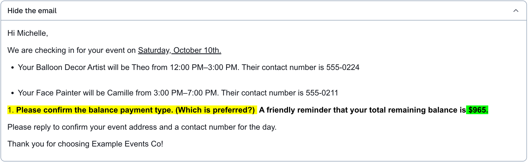 a client's email opened on the card, filled in for their booking