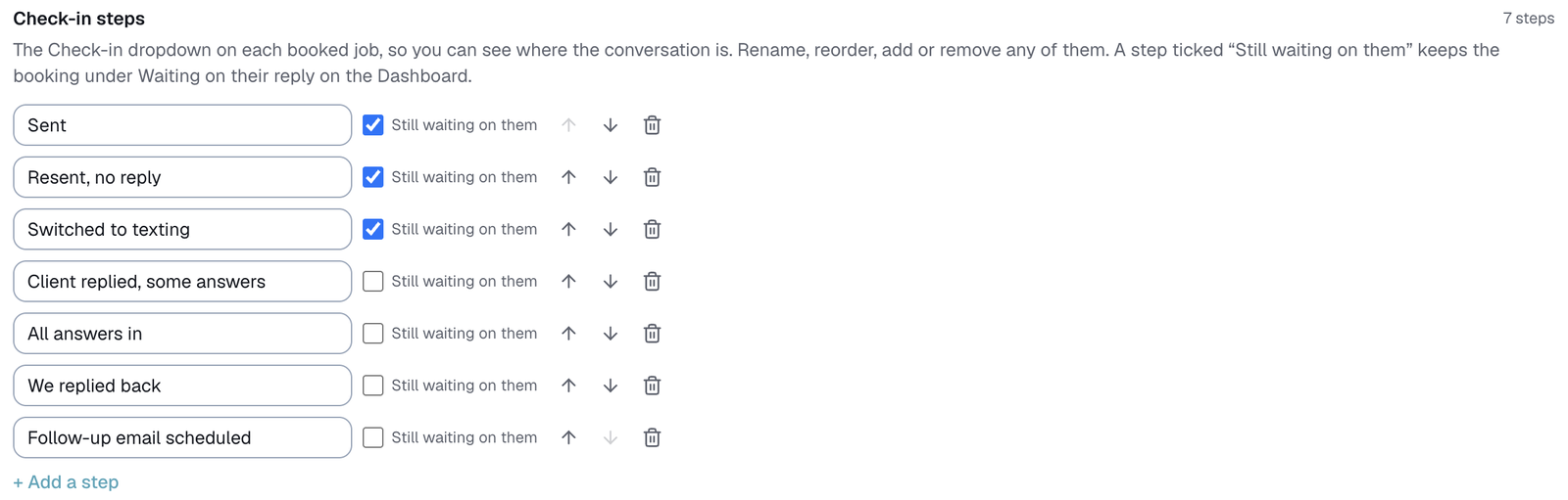 the Check-in steps list in Customize