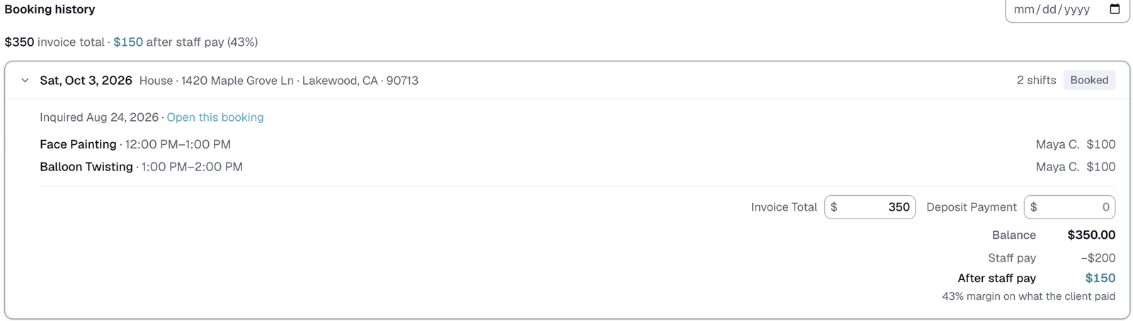 a booking on a client record, with its deposit and balance