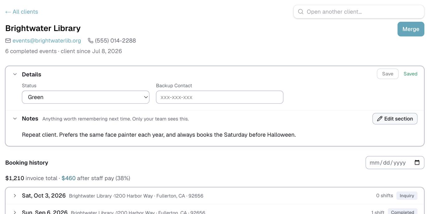 a client record, with contact details and booking history