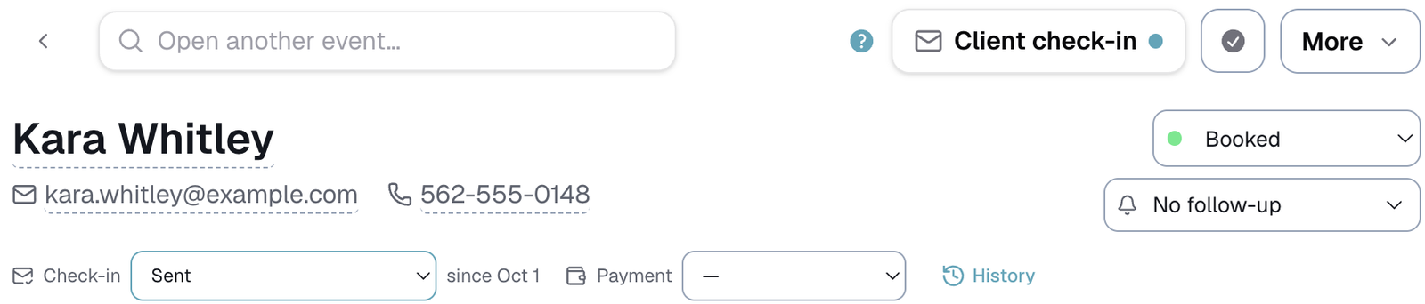 the Check-in and Payment dropdowns at the top of a booking