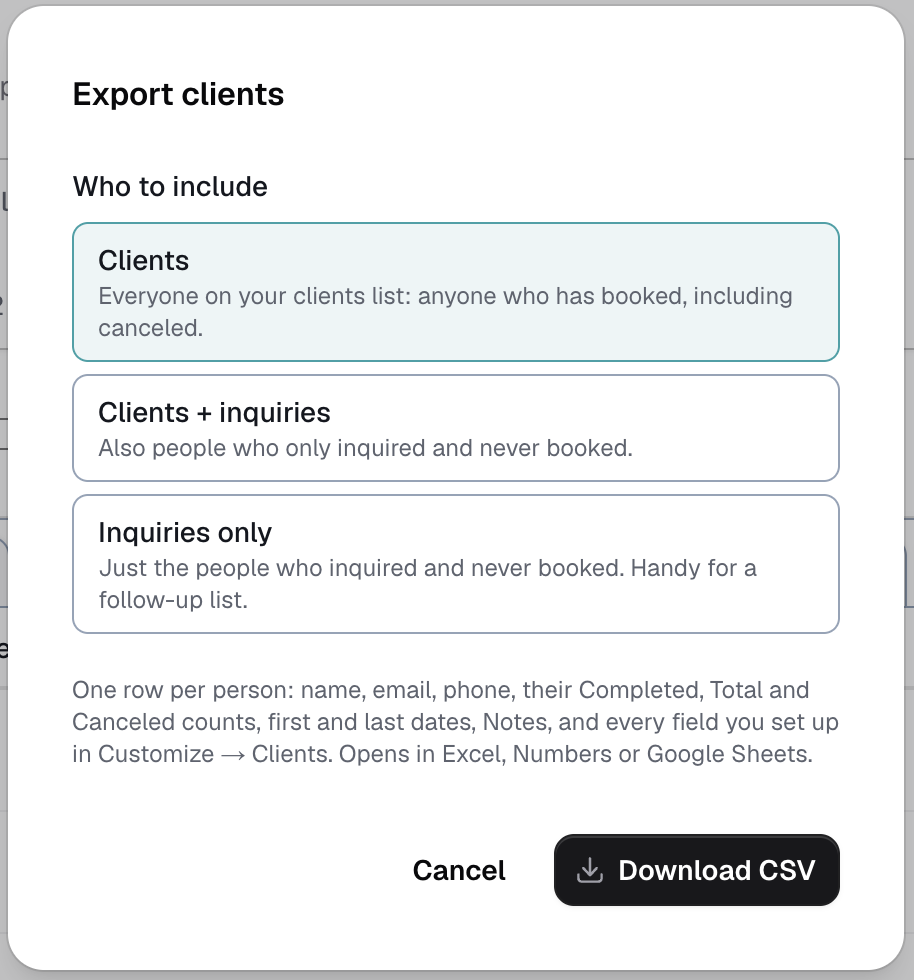 the Export clients window, choosing who to include