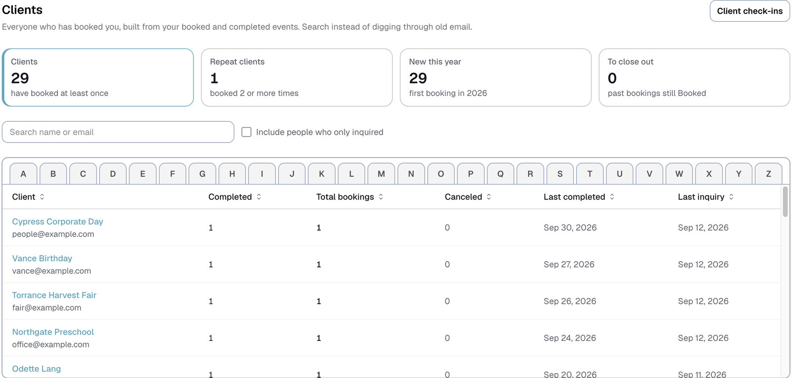 the Clients list, with the four numbers at the top, the A to Z tabs and the counts