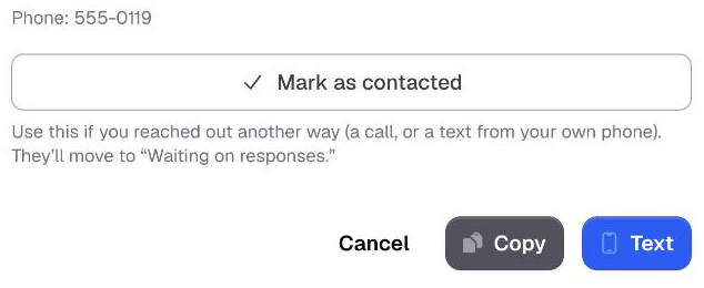 Match & assign, the Copy, Text and Mark as contacted buttons