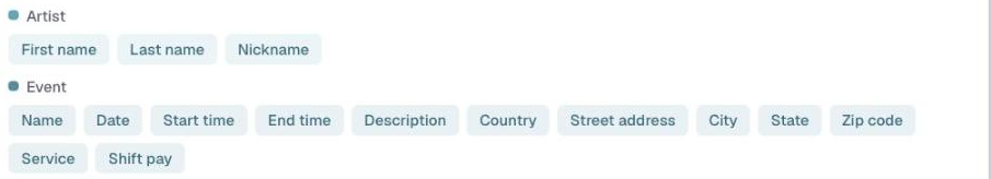 Customize → Contact, the Artist and Event placeholder chips