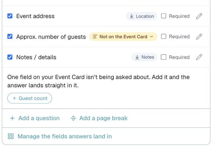 Customize → Booking Form, the chips for unasked Event Card fields