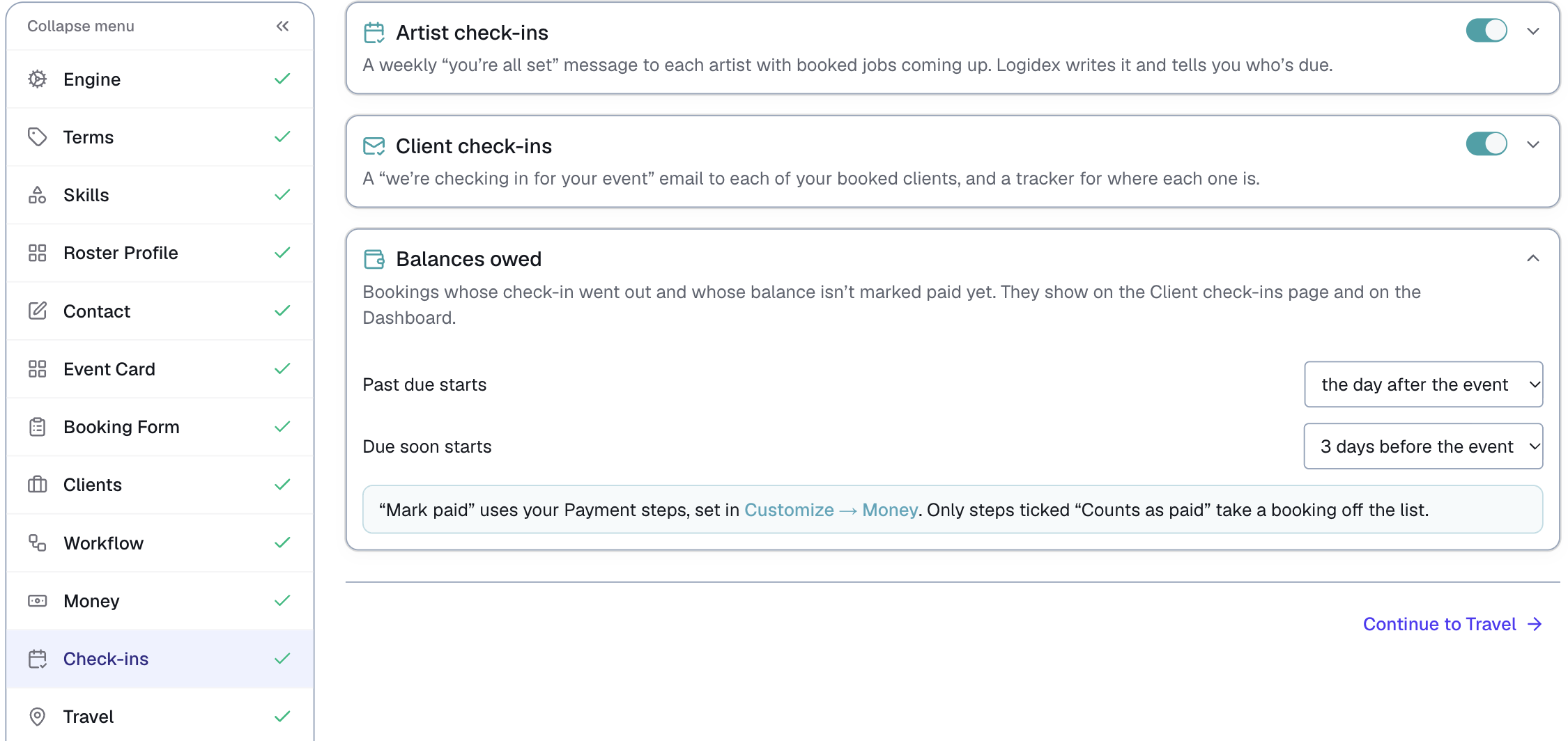 Customize → Check-ins, with Staff check-ins, Client check-ins and Balances owed