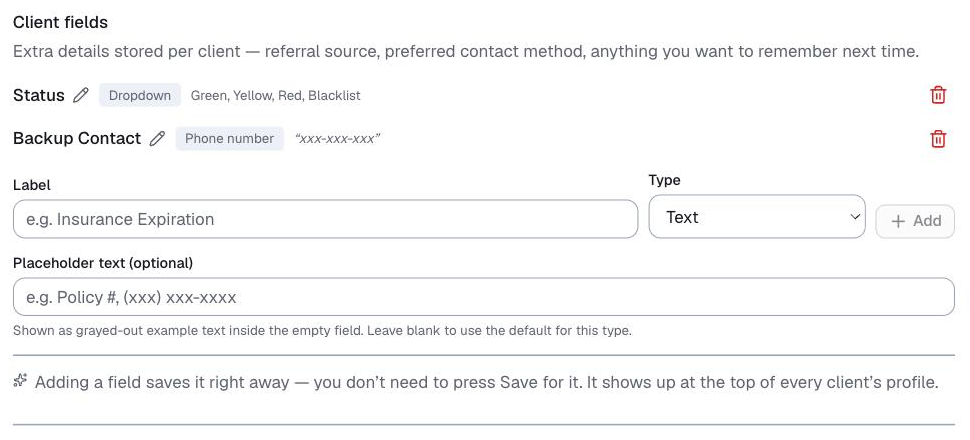 Customize, Clients, the fields you can add to a client record