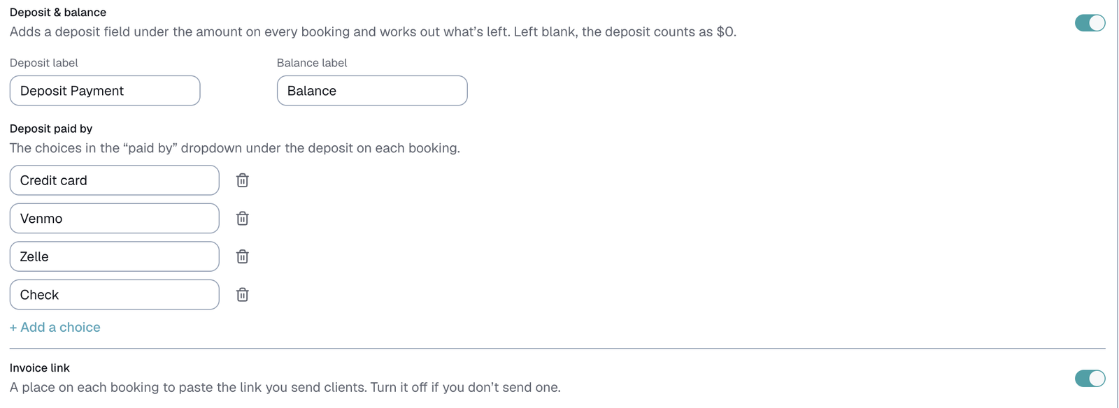 Customize → Money, Deposit & balance, Deposit paid by and Invoice link