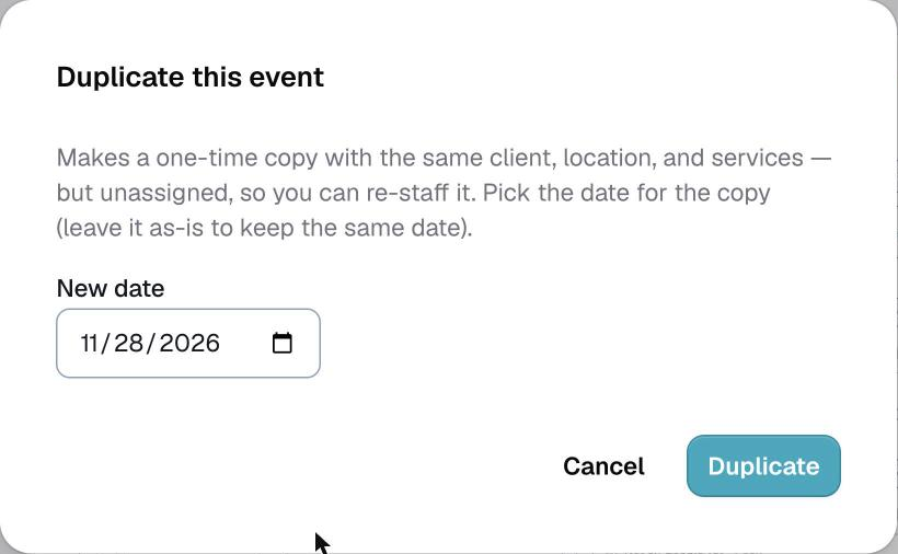 the Duplicate this event window with the New date field