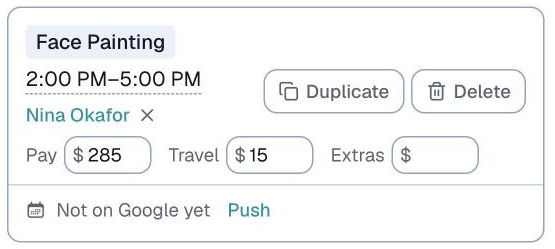 an event card, the Duplicate button on a shift row