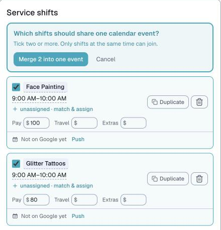 ticking two shifts to share one calendar event