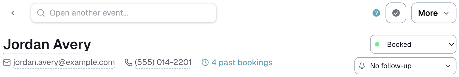 the top of an event card, with the status and follow-up fields