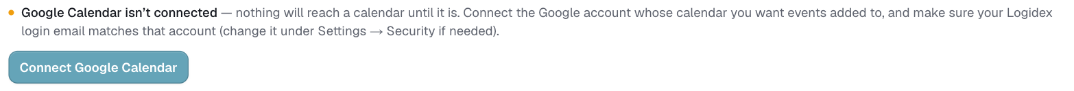 Settings, the Connect Google Calendar button