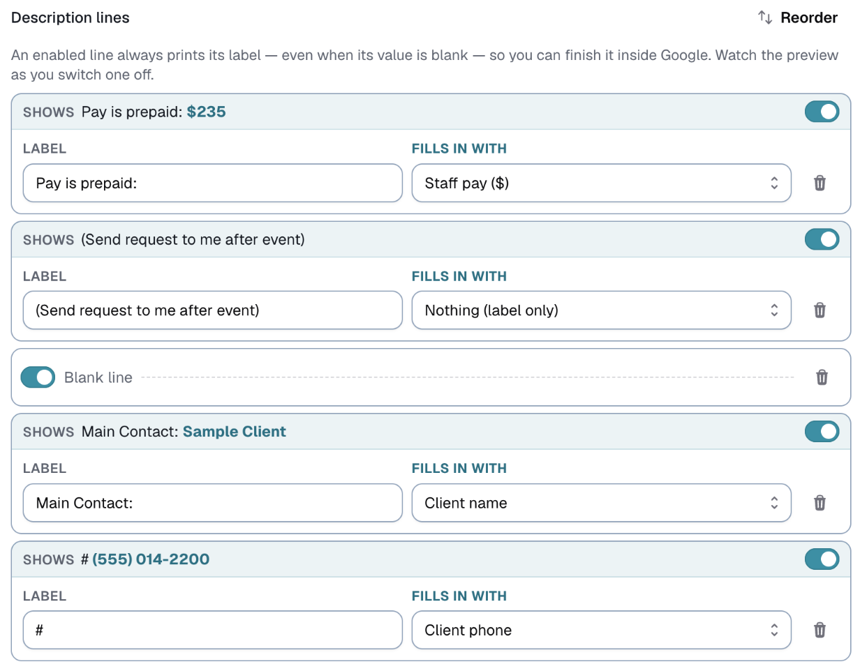Settings → Google Calendar, Description lines. Each line shows what it prints, then its Label and what it Fills in with