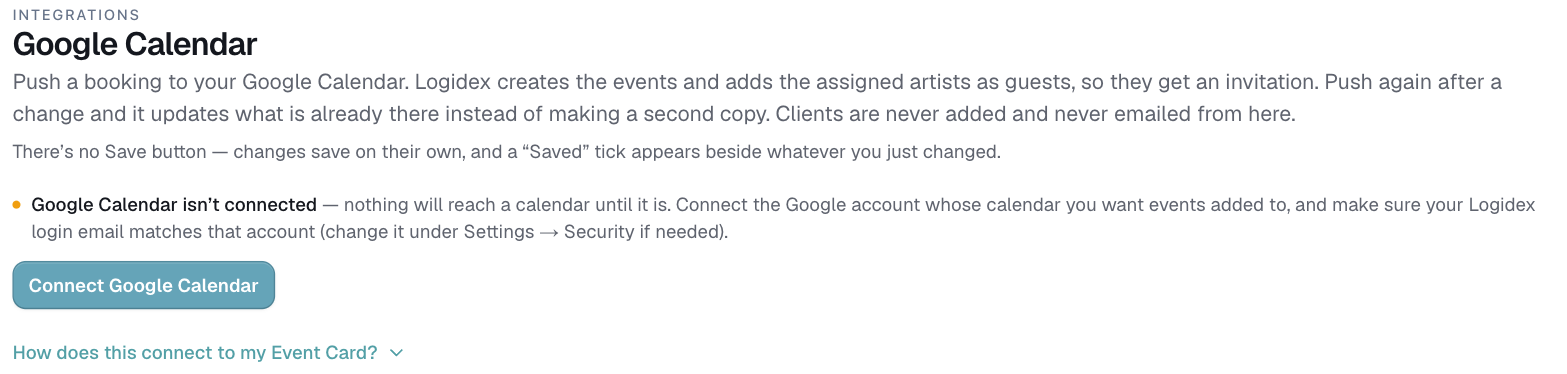 Settings, the Google Calendar page not yet connected