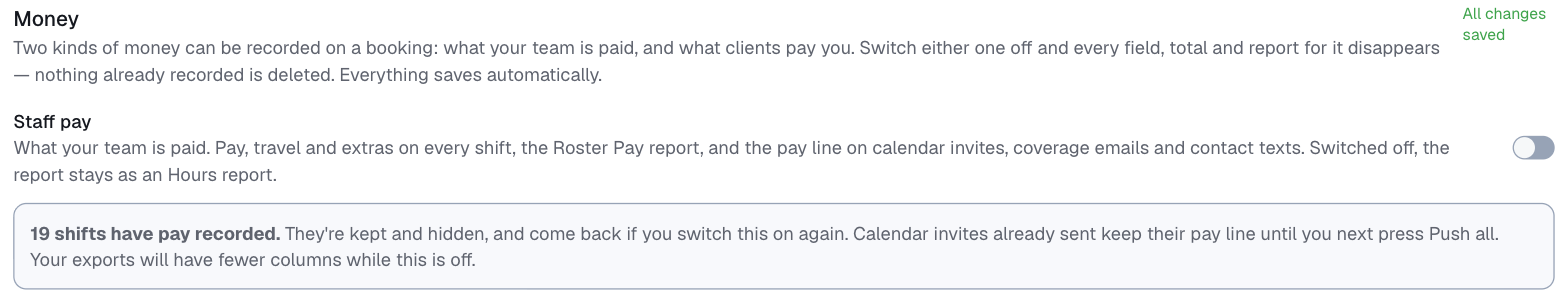 Customize → Money, the Staff pay switch