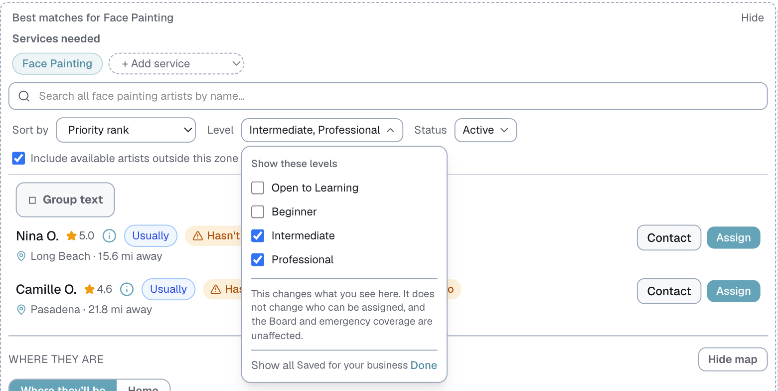 the Level filter in Match & assign with two levels ticked