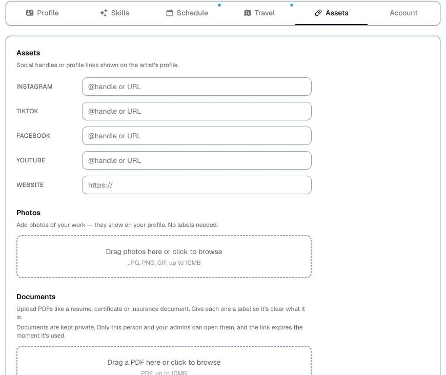 the artist portal, Assets tab