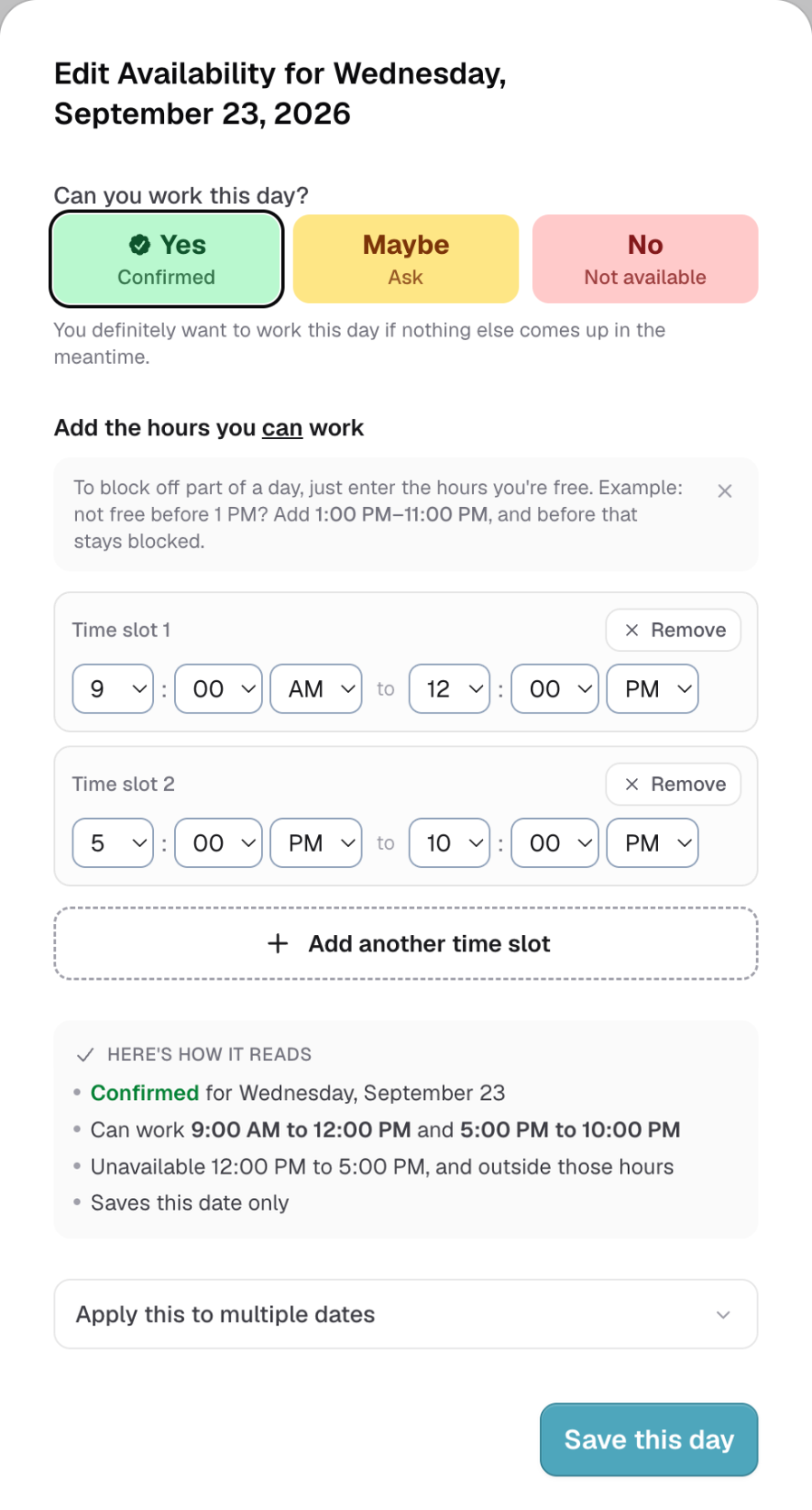 the day sheet with two time slots and the Here's how it reads box