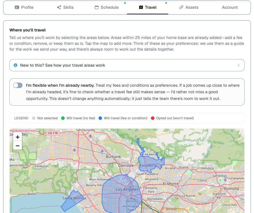 the artist portal, Travel tab