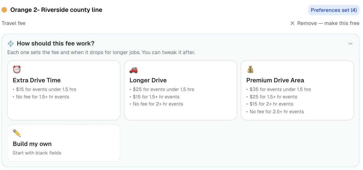 an area's travel editor after tapping + Travel fee, showing the setup cards